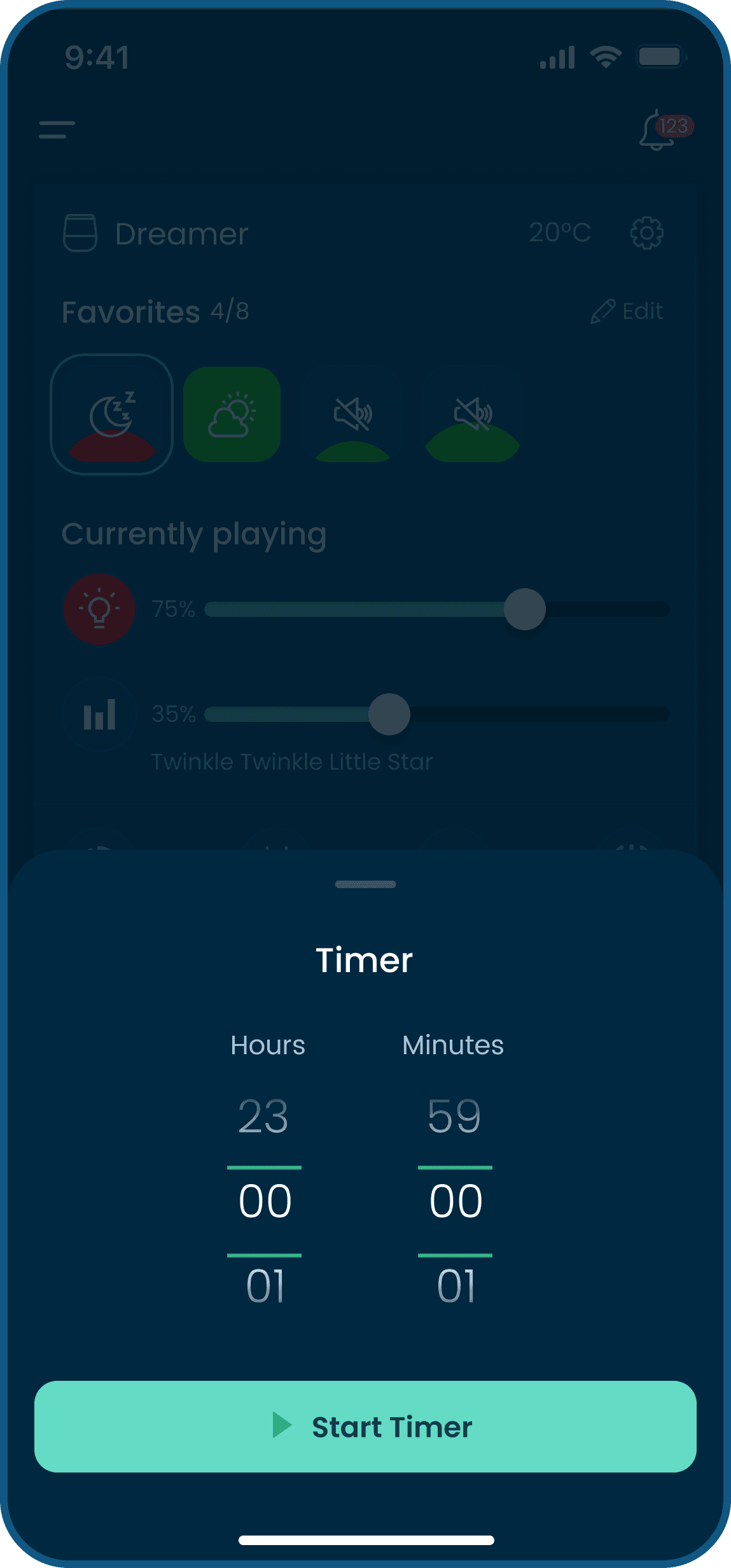 Start timer screen of baby sound and light machine in babysense mobile app