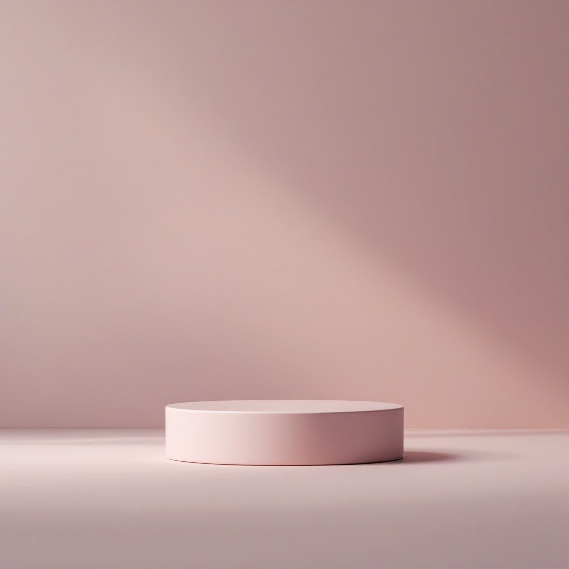 an empty pink circular plinth in a bare space with muted pink surface and similar coloured wall in the background. a symbol lowers onto the plinth when scrolling the page