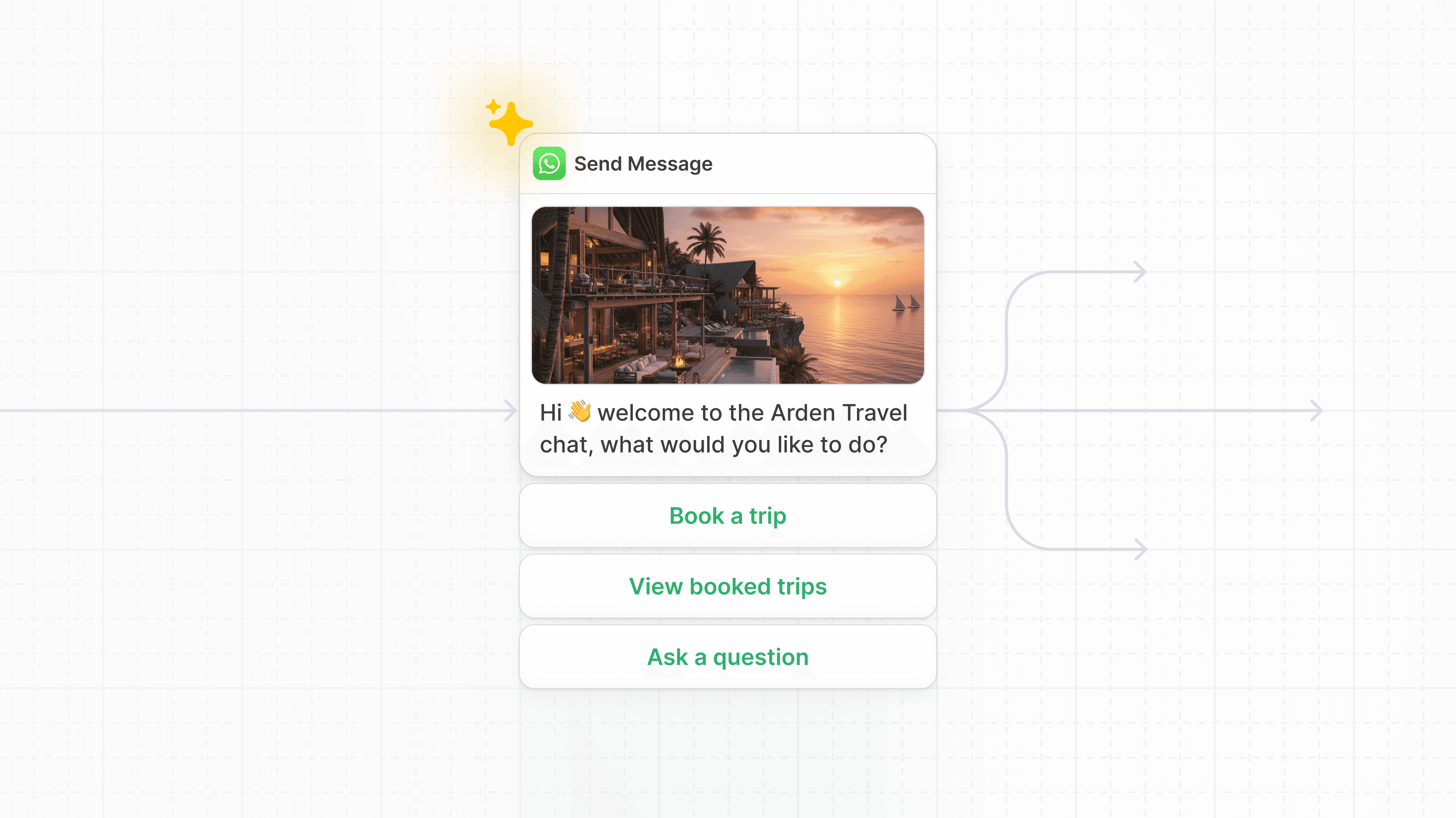 AI travel chatbot welcoming guest with sunset resort image and booking options
