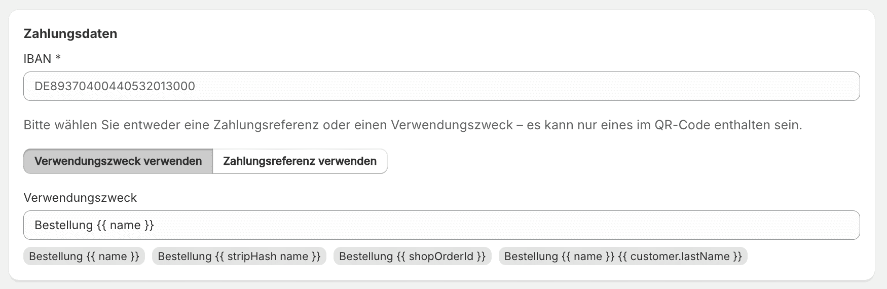 Zahlungsdaten wie IBAN und Verwendungszweck eingeben