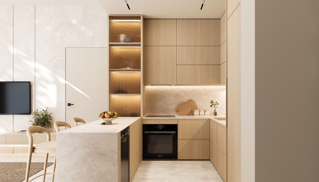 A stylish kitchen with a spacious window , highlighting modern interior decor.