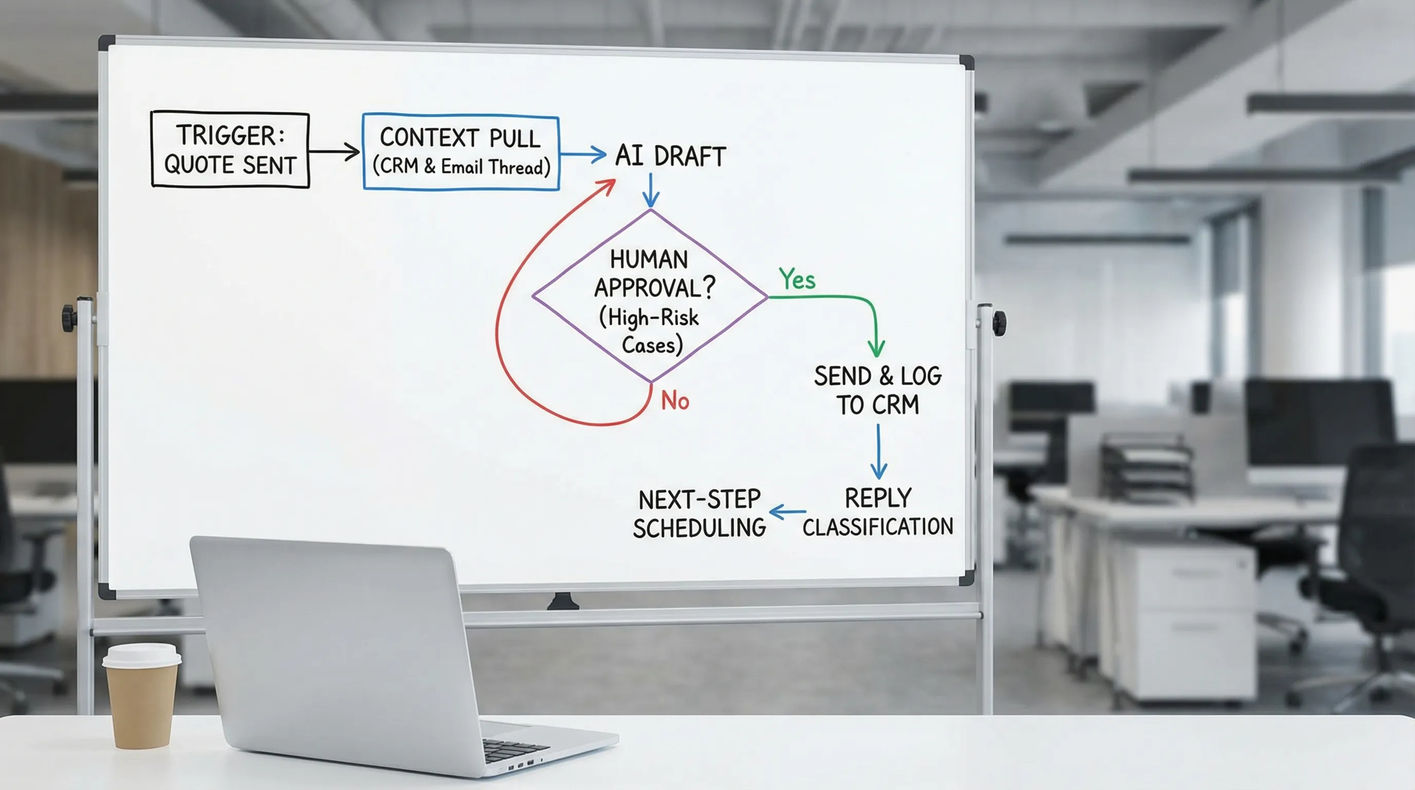A simple workflow diagram showing an AI email follow-up system: Trigger event (quote sent) flows to Context pull (CRM and email thread), then AI draft, then Human approval for high-risk cases, then Send and log to CRM, then Reply classification and next-step scheduling.