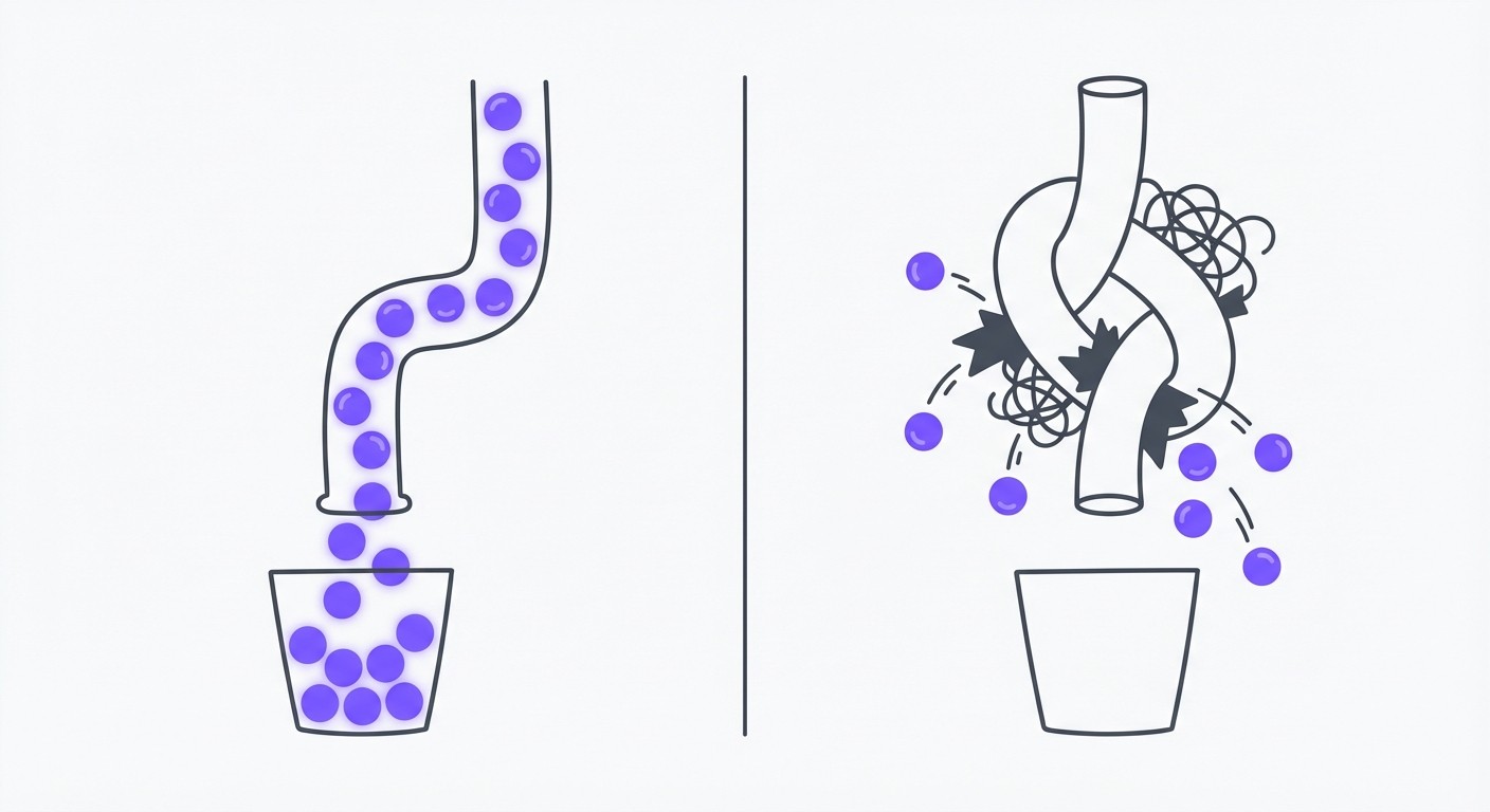 A two-part diagram showing the difference between a clear pipeline where talent flows smoothly and a clogged pipeline where bureaucracy prevents progress.