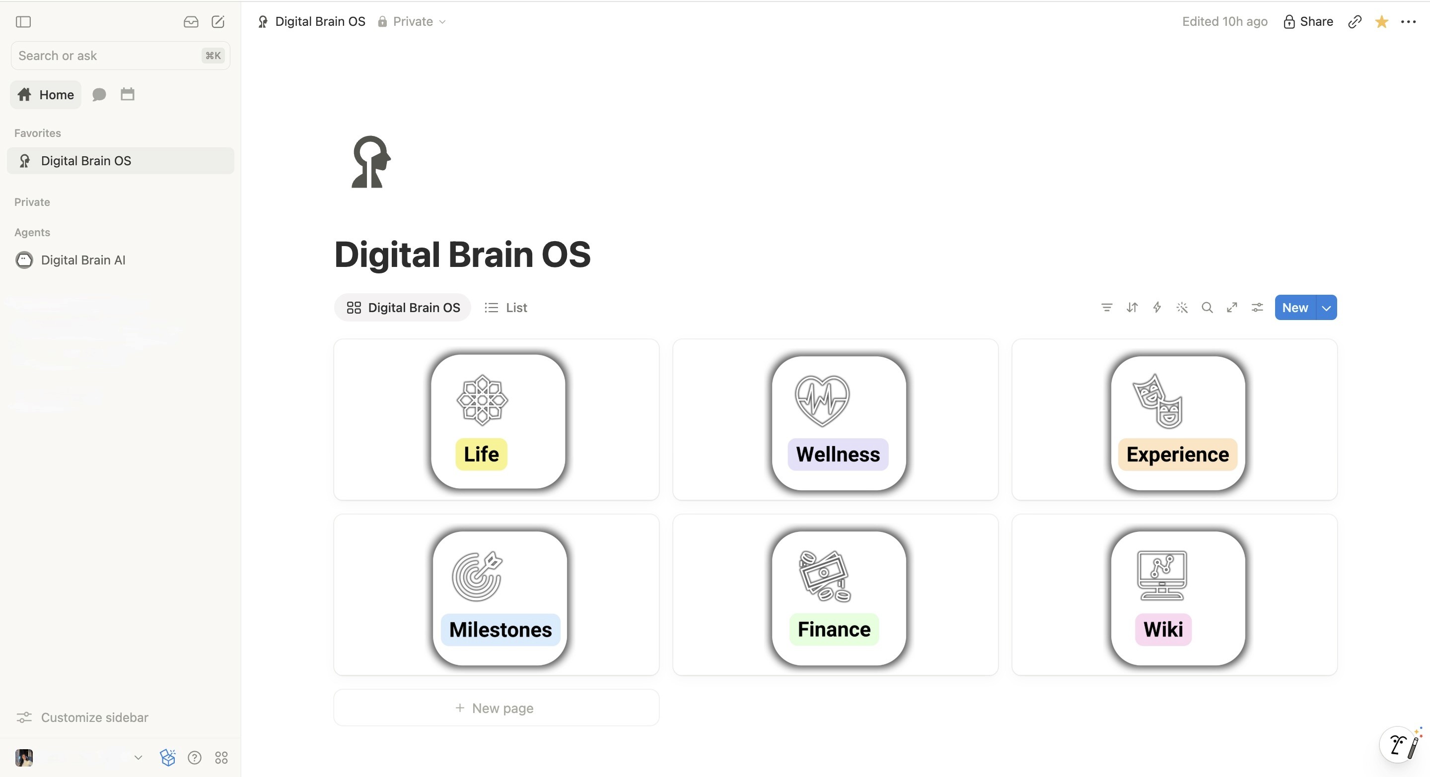 Digital Brain OS home dashboard in Notion
