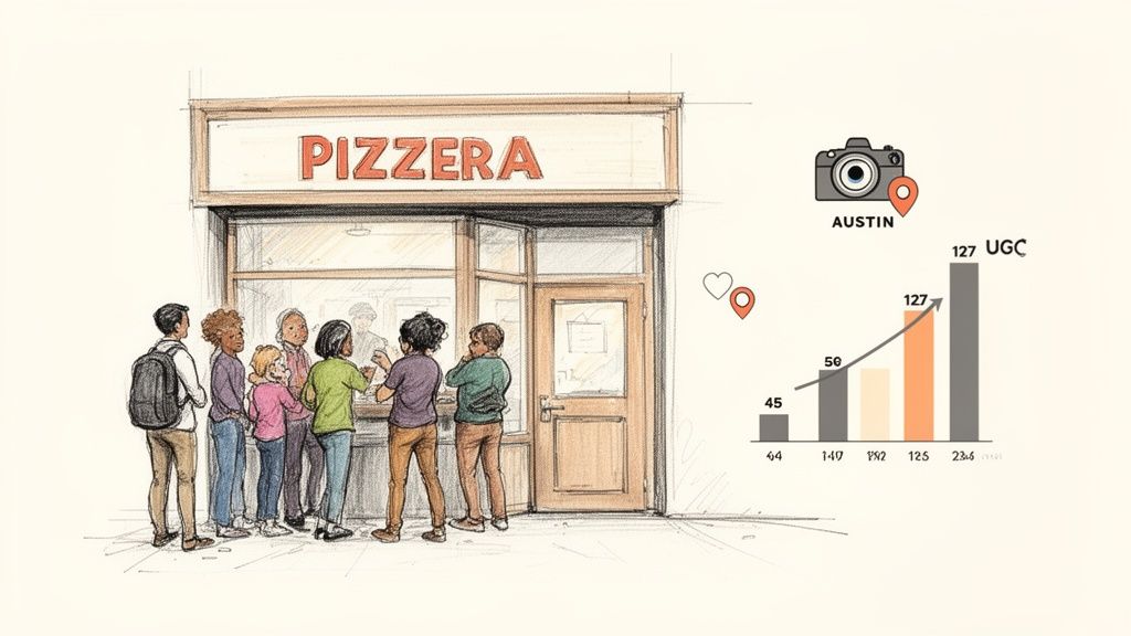 A busy pizzeria with a queue of customers, overlaid with graphics showing increased user-generated content and local engagement metrics.