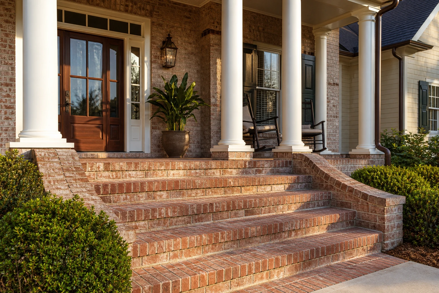 Brick masonry entry steps on a custom home in Fayetteville North Carolina