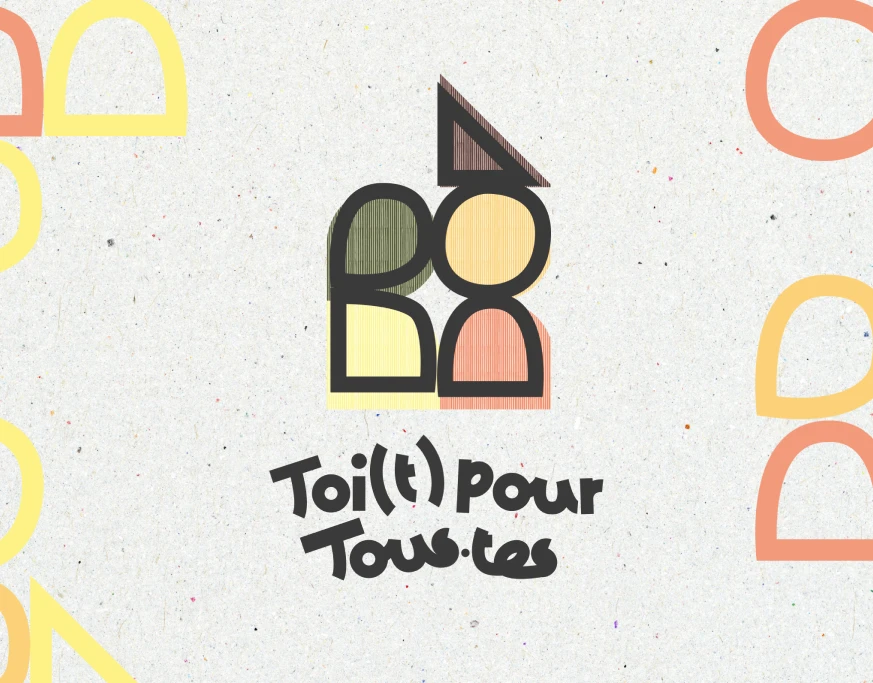 Logo coloré du projet solidaire Toi(t) pour tous.tes sur fond de papier recyclé. Design graphique engagé et éco-conçu par Tartelette Concept.