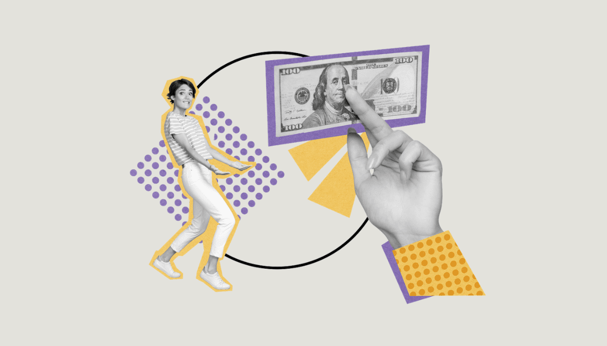 Stylized collage of person gesturing toward hand holding money, symbolizing pay cuts and financial decisions.