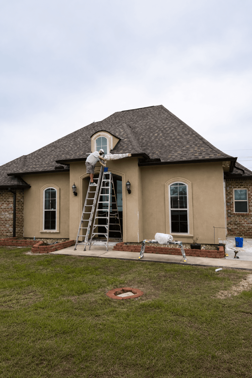 Modern two-story home with large glass windows, warmly lit interiors, and a balcony. Surrounded by trees and a manicured lawn at dusk. Cozy ambiance.