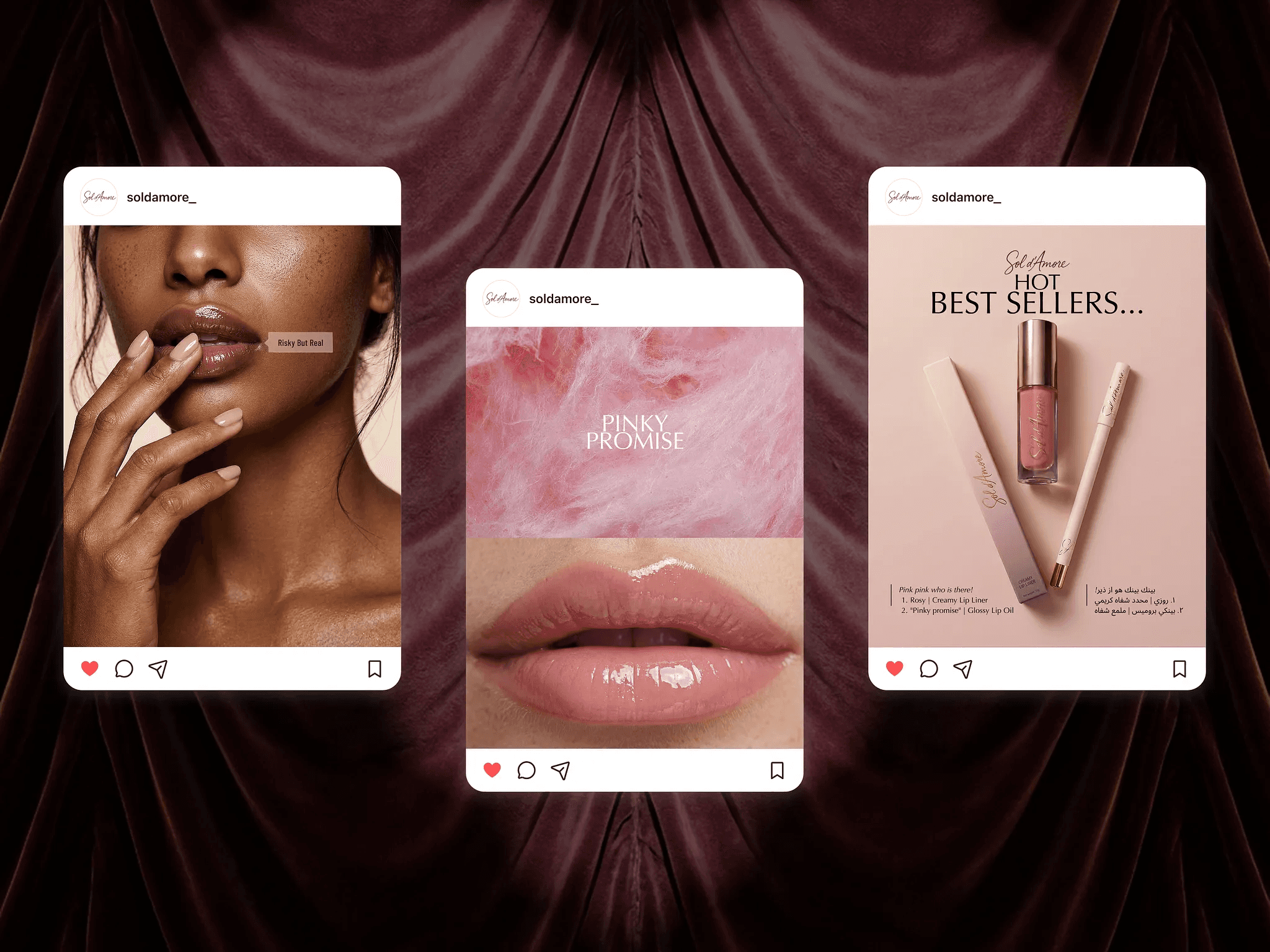 Three Sol d'Amore Instagram posts on a burgundy curtain: a model with glossy lips, a pink texture and the Best Sellers product shot