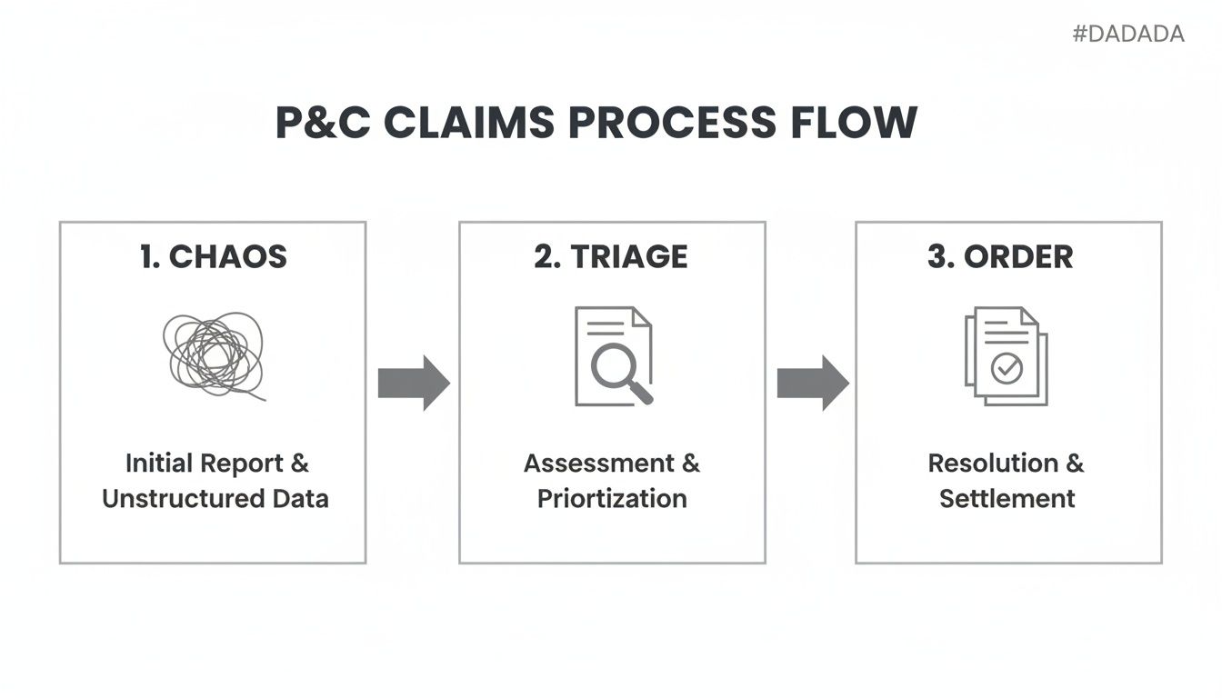 A claims process flow diagram illustrating three stages: Chaos, Triage, and Order, with descriptions and icons.