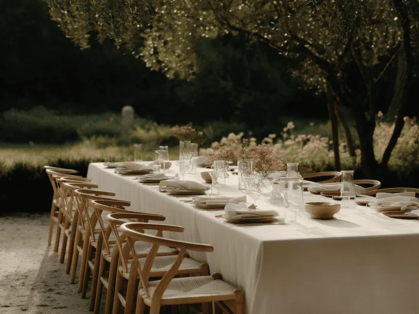 A long dining table set outdoors, surrounded by chairs, with green scenery in the background.