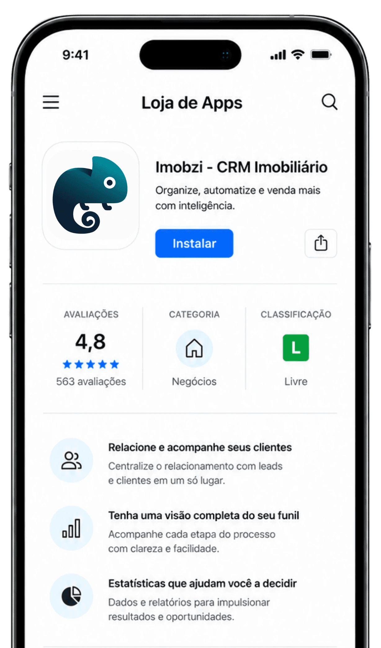 Tela de celular mostrando avaliações do app Imobzi na loja de aplicativos
