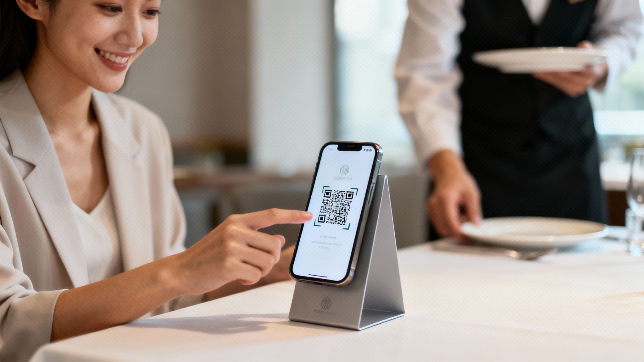A customer scanning a QR code with their phone at a restaurant table.