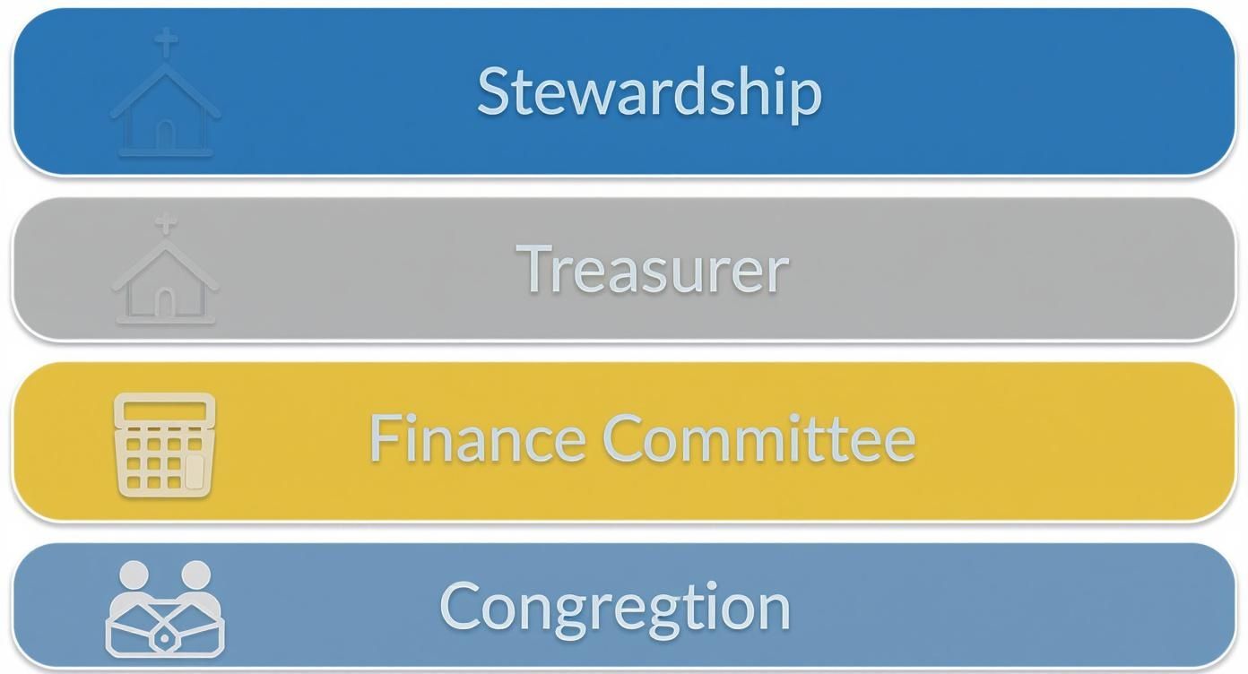 Illustrates church financial and administrative roles: Stewardship, Treasurer, Finance Committee, Congregation.