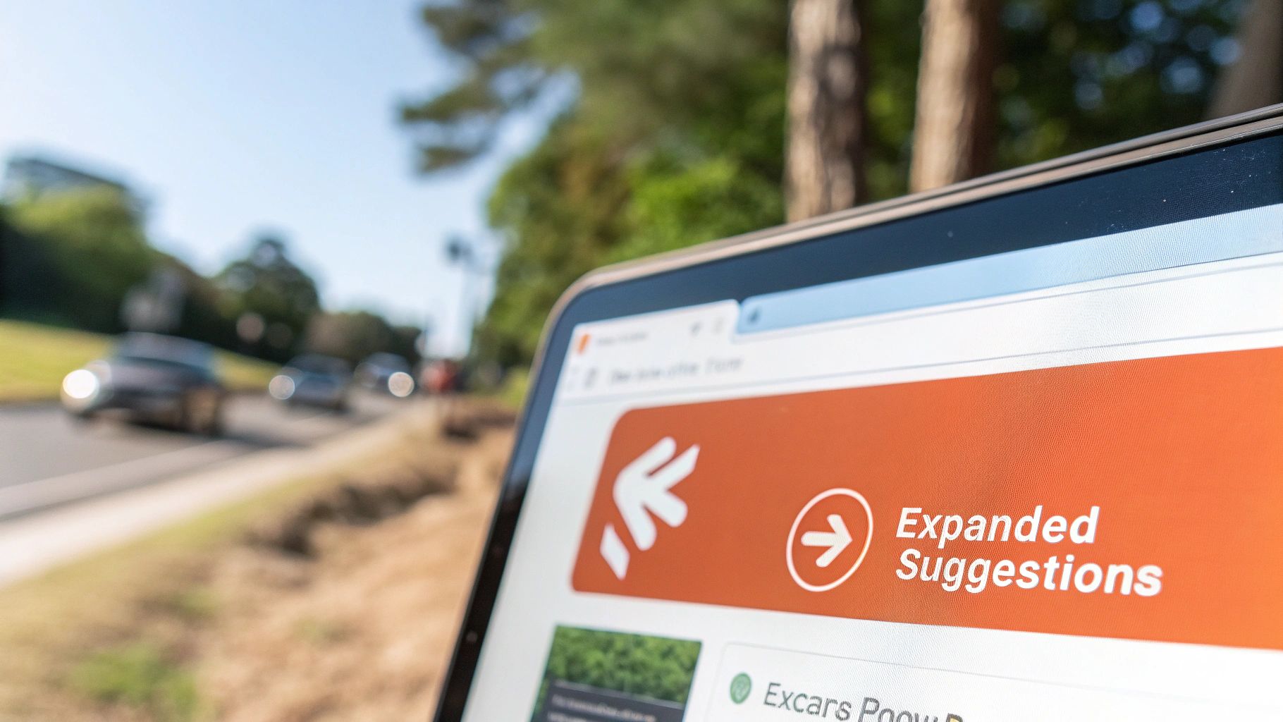 Laptop screen displaying 'Expanded Suggestions' on a webpage, with blurred road and cars in the background.