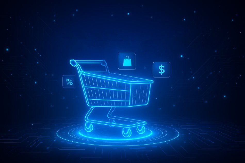Glowing blue digital illustration of a shopping cart on a futuristic background, surrounded by icons representing discounts, shopping, and online payments.