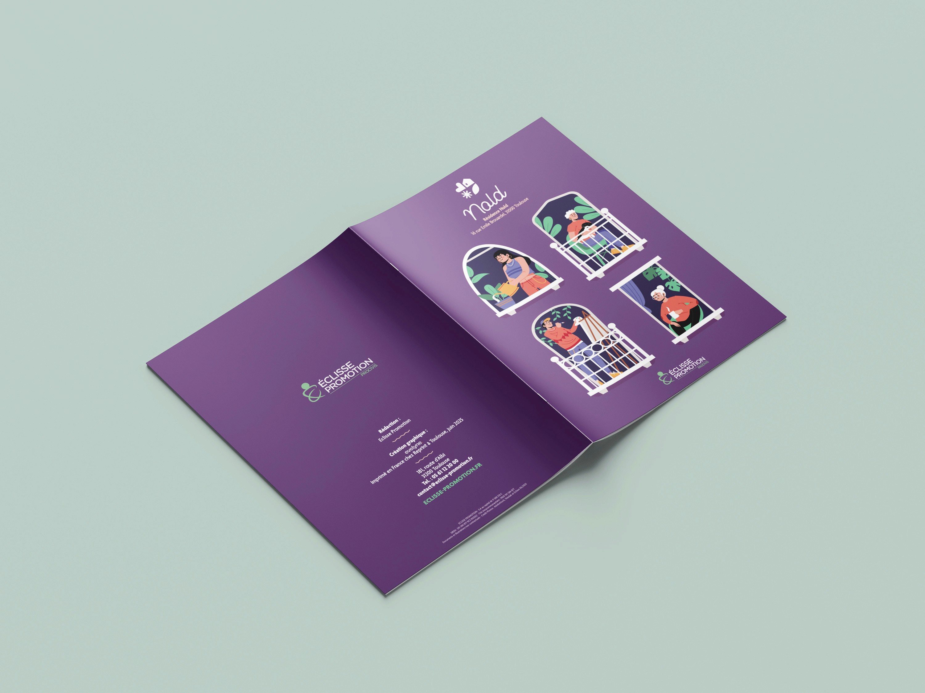 Plaquette commerciale pour résidence Nold, illustrations et couleurs pastel