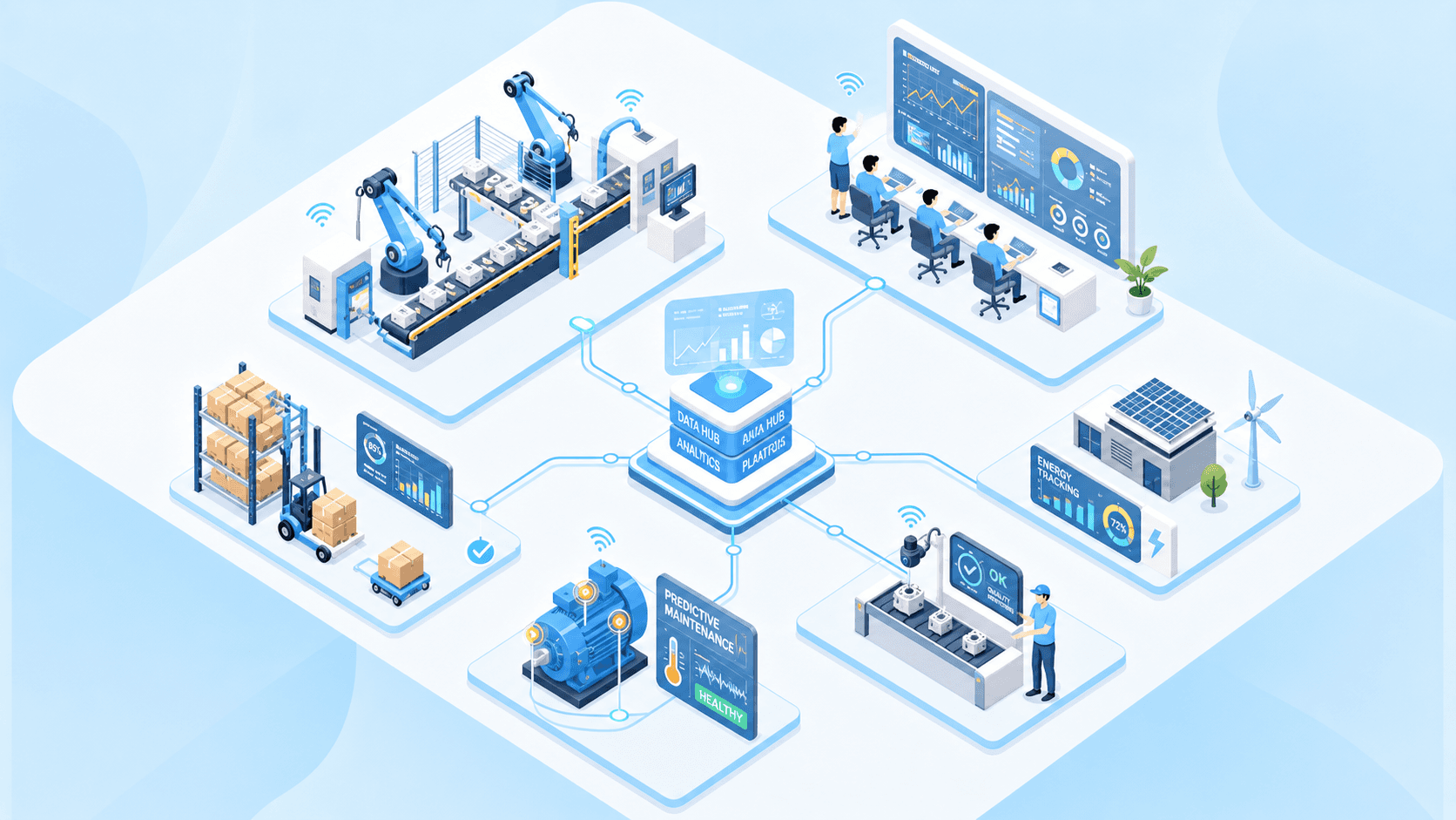 Manufacturing analytics concept in 2026. Modern factory with digital data visualization, real-time insights, predictive analytics, and smart manufacturing technology transforming industrial operations for better efficiency and competitiveness.