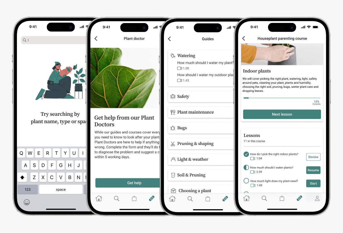 Image 2 of 3: Four high-fidelity screen mockups displayed on iPhone device frames, showing the final UI design for the app. The screens demonstrate the polished visual design with full colour, typography, imagery, and interface elements applied, illustrating how the app would appear to users in a finished state.