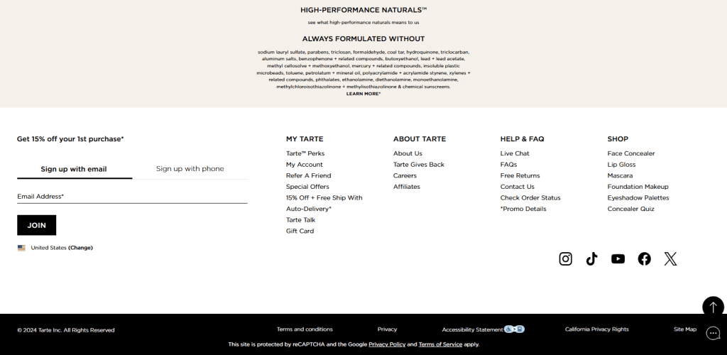 tarte cosmetics website footer