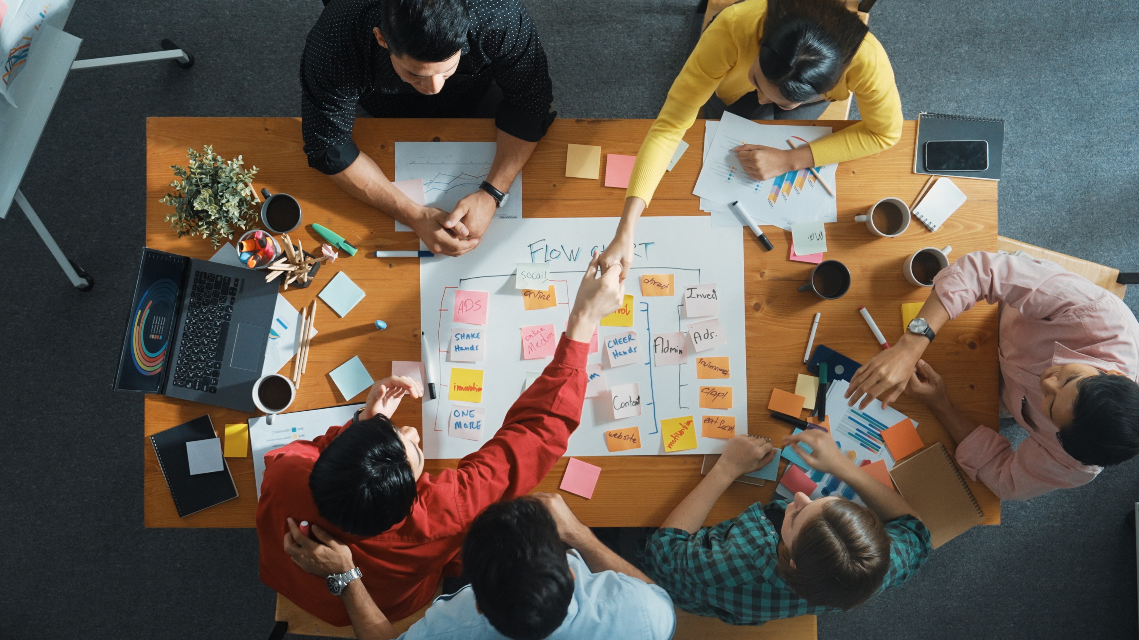 Team bei der Planung einer professionellen Objekteinrichtung mit Flowchart, Post-its und Laptop im Büro