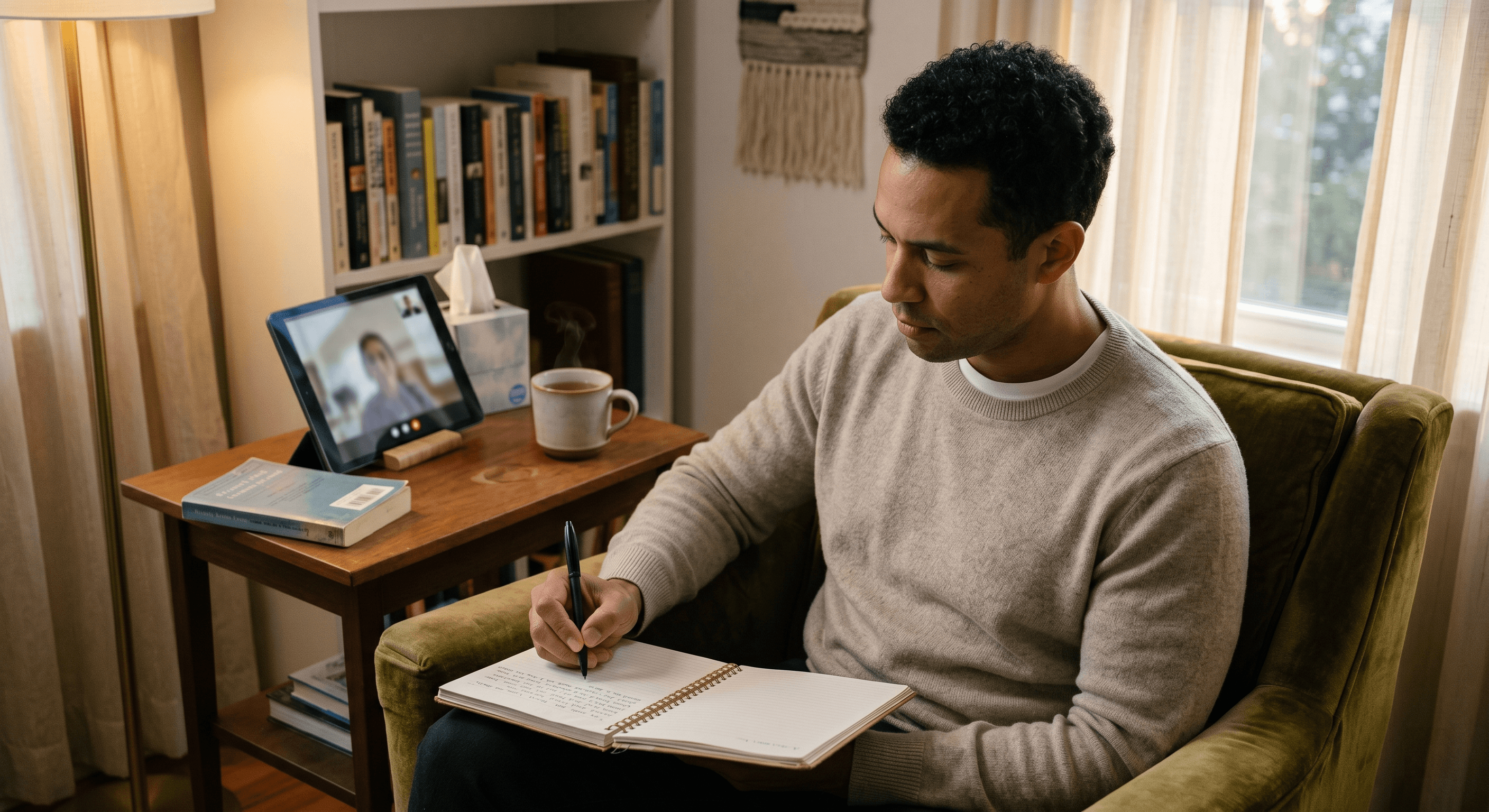 Person sitting in a comfortable home chair during a video therapy session, taking notes in a journal about an upcoming workplace accommodation conversation
