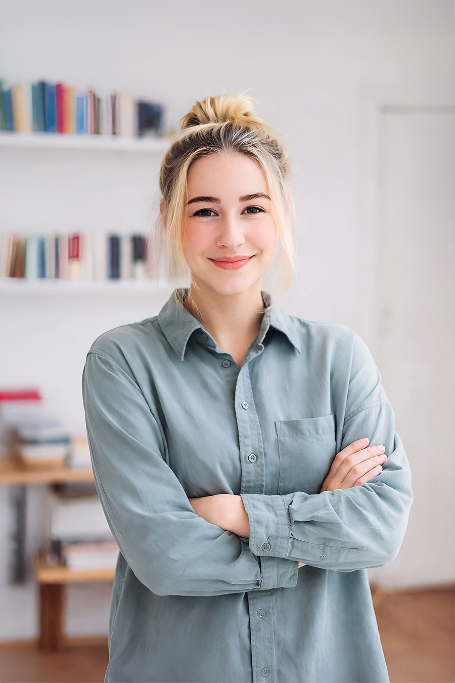 Cheerful woman at desk