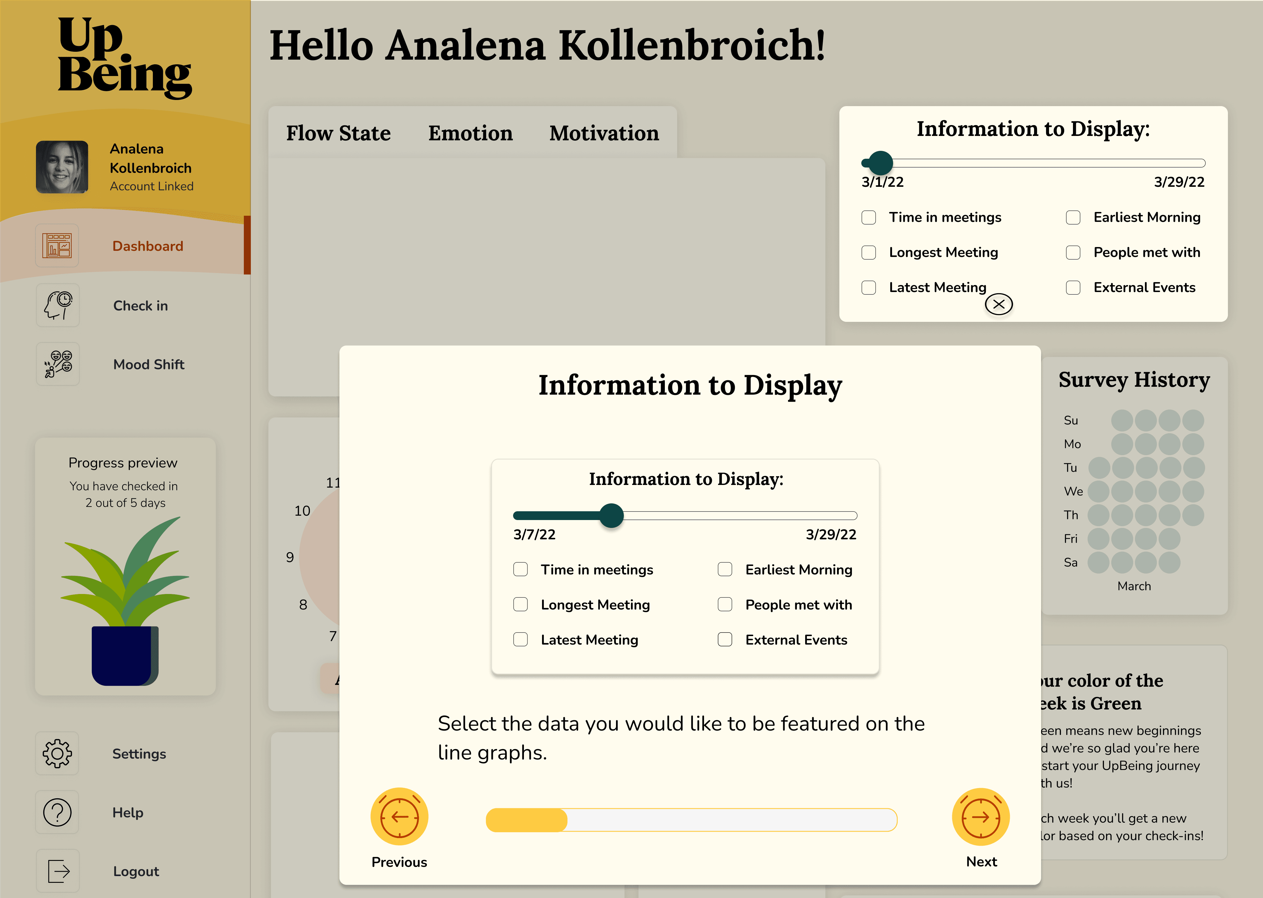 UpBeing settings modal titled ‘Information to Display,’ showing selectable data preferences and checkboxes layered over the main dashboard.