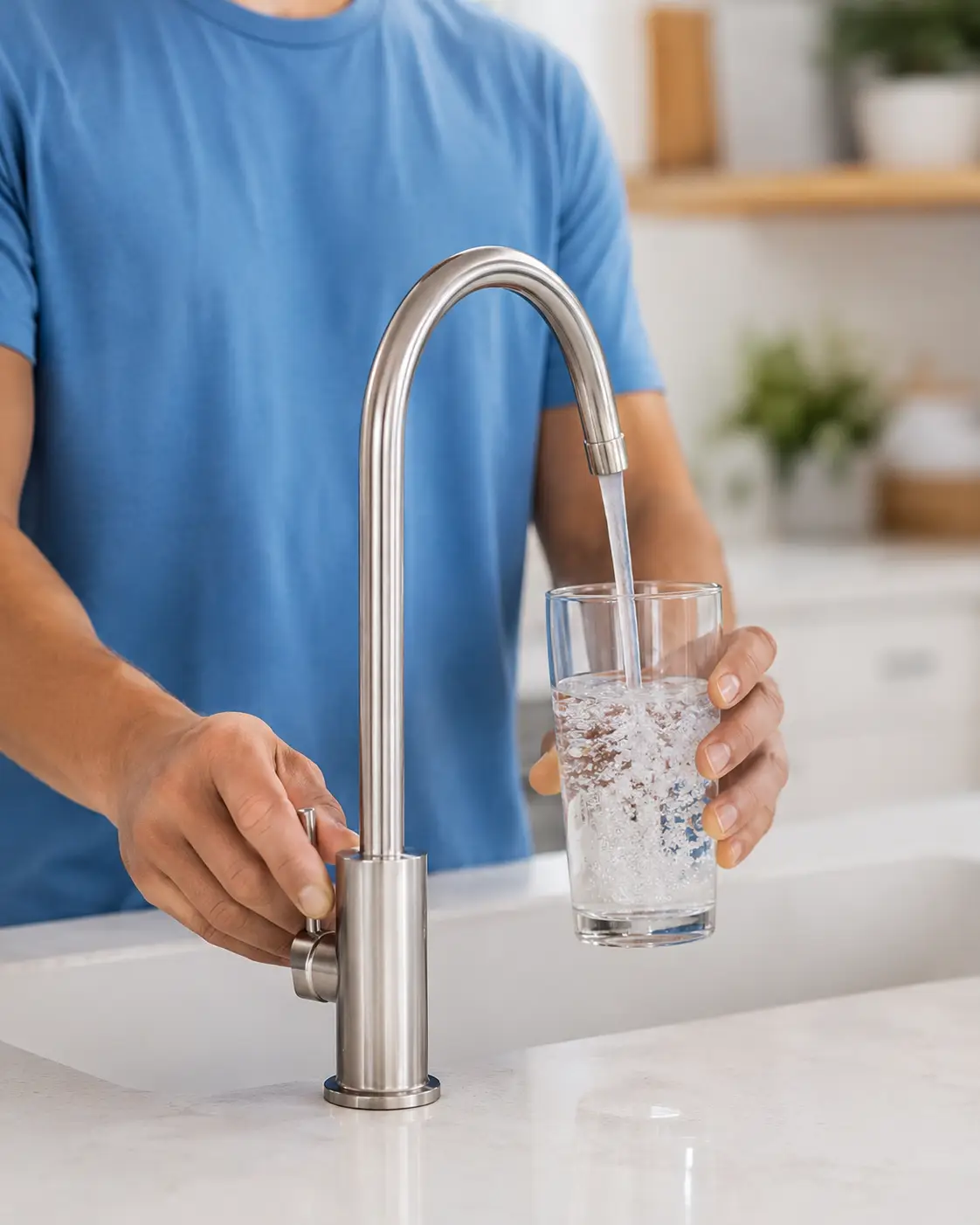 Person filling a clear drinking glass from a modern kitchen faucet.