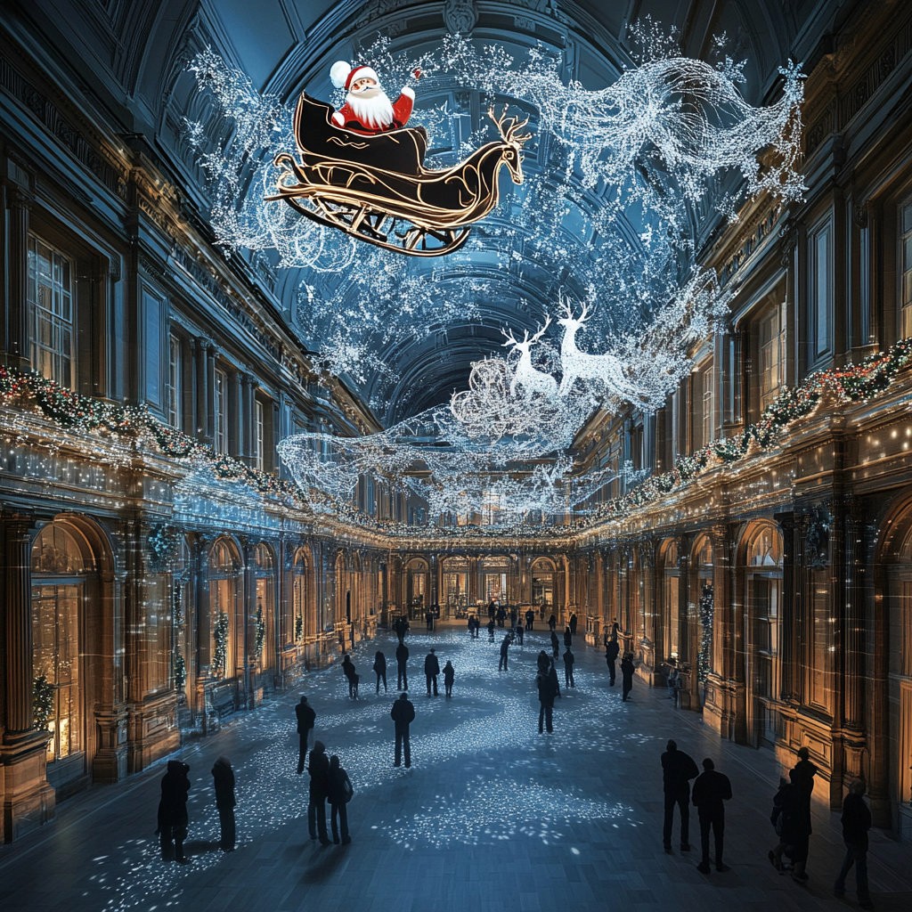 a museum building with a digital santa and reindeer flying overhead