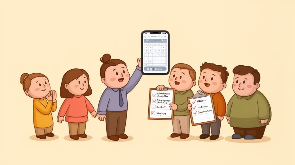 A diverse cartoon group using a scheduling app and checklists to plan tasks and projects.