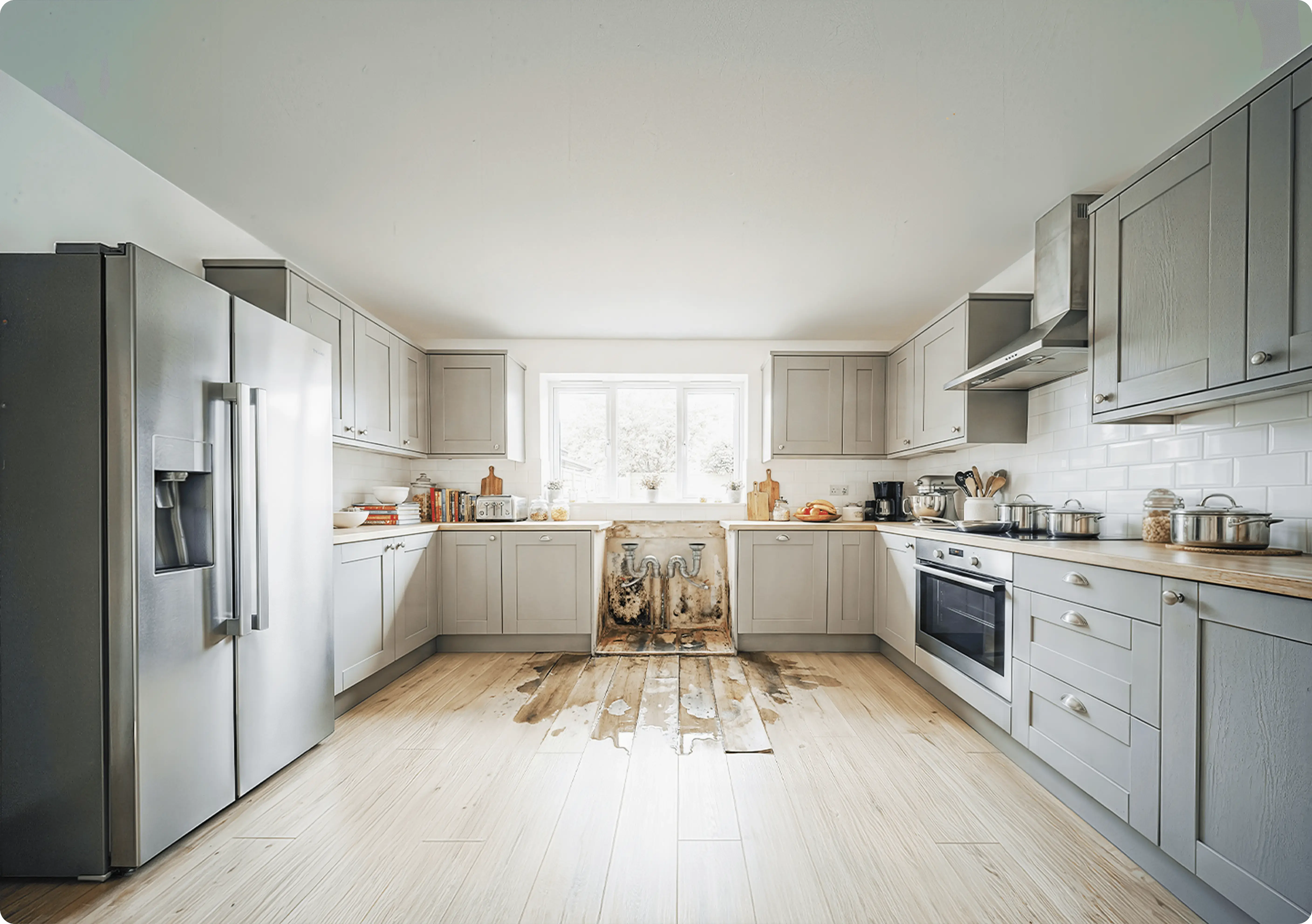 Water damage kitchen with gray cabinets