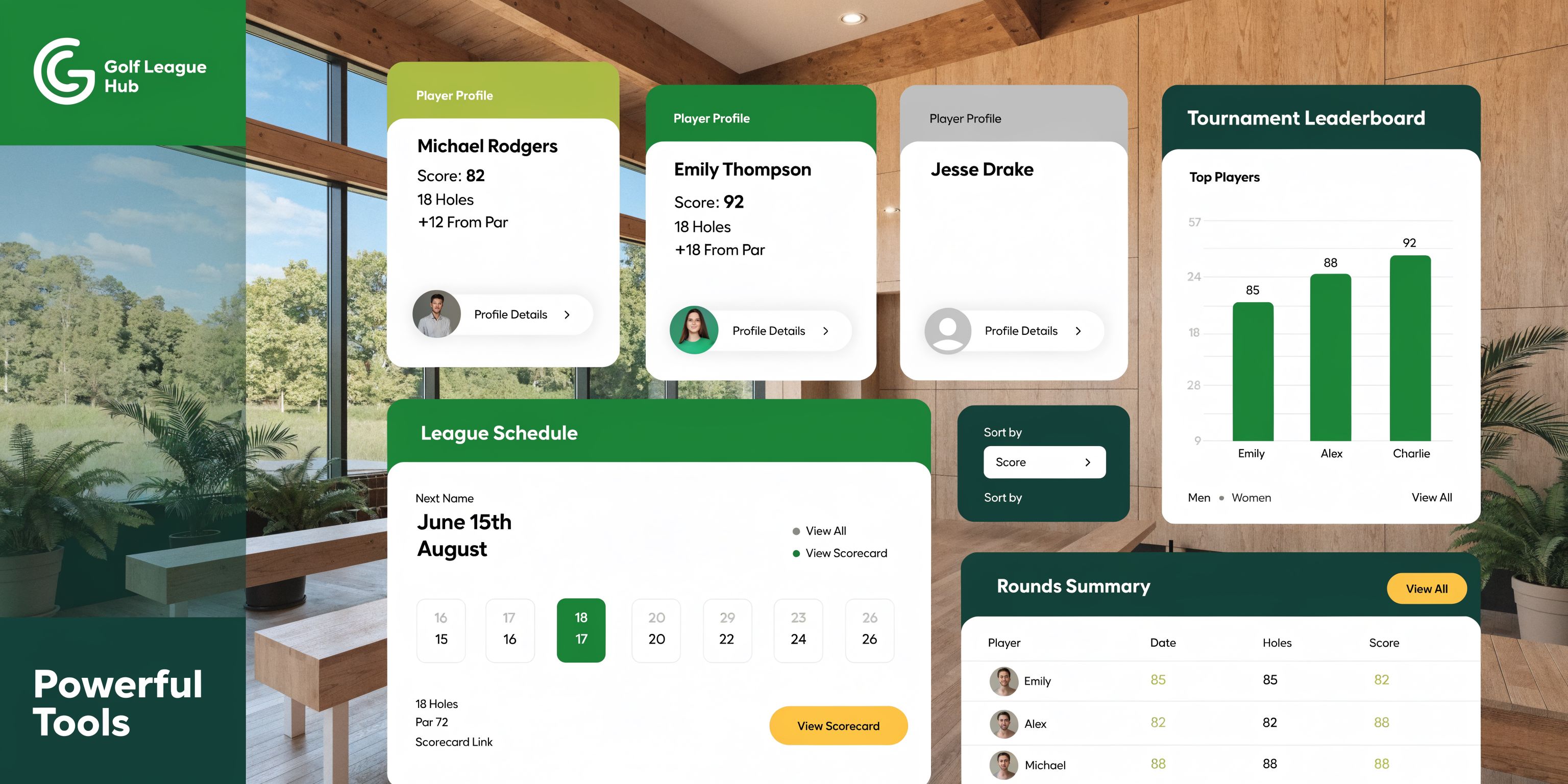 A digital dashboard for managing golf leagues showing player profiles, tournament leaderboards, and an upcoming event schedule.