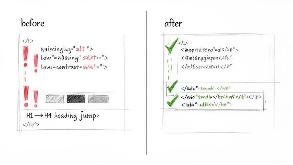 A handwritten comparison of web accessibility checks, showing errors like missing alt text and low contrast 'before' and resolved 'after'.