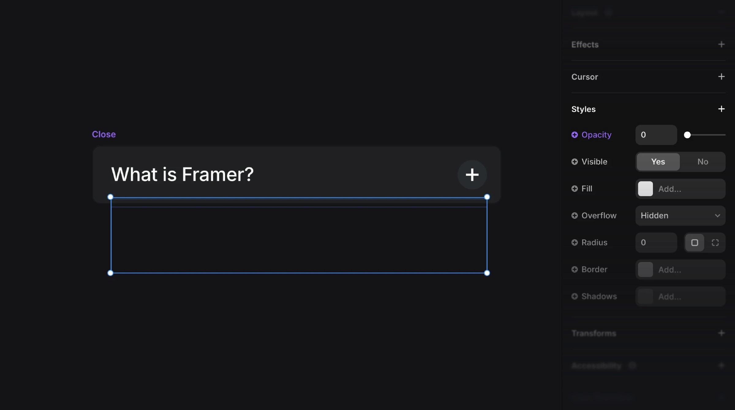 Framer design interface with style controls and properties panel