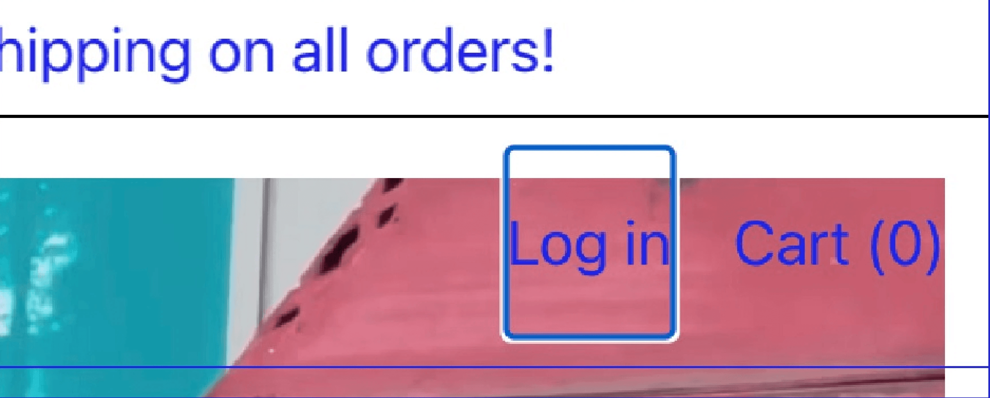 Screenshot of the keyboard focus indicator working properly on the header of Lortush.com. It is focused on the “Log-in” link, which means it has a blue/white rectangle around it