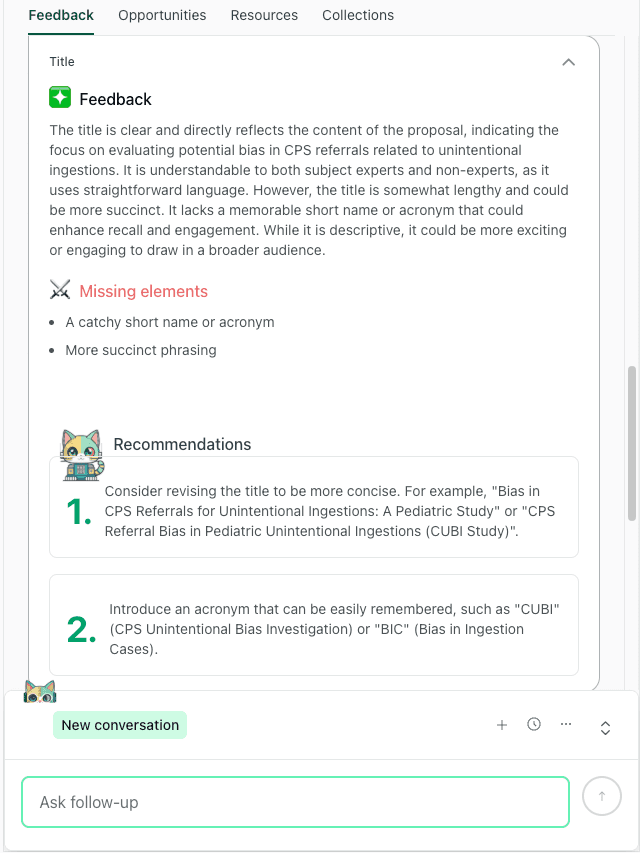 thesify feedback interface showing recommendations for a grant title, suggesting a more succinct phrasing and the addition of a project acronym like "CUBI".