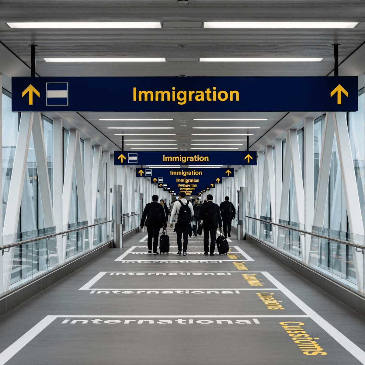 Airport corridor with immigration signs