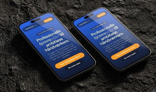 Two smartphones lying on a dark, textured stone surface, showcasing the mobile-responsive web design of the NordicWebFlow landing page with orange call-to-action buttons.
