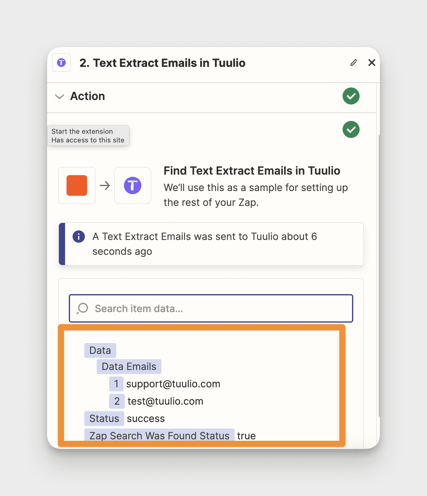 Show emails automatically extracted when testing Tuulio automation action for that purpose