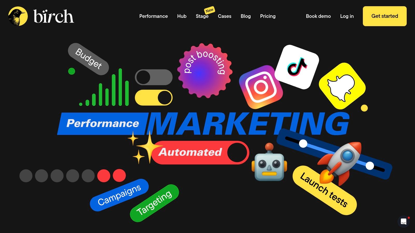 Birch's dashboard showing automation rules and campaign performance metrics for social and search ads.