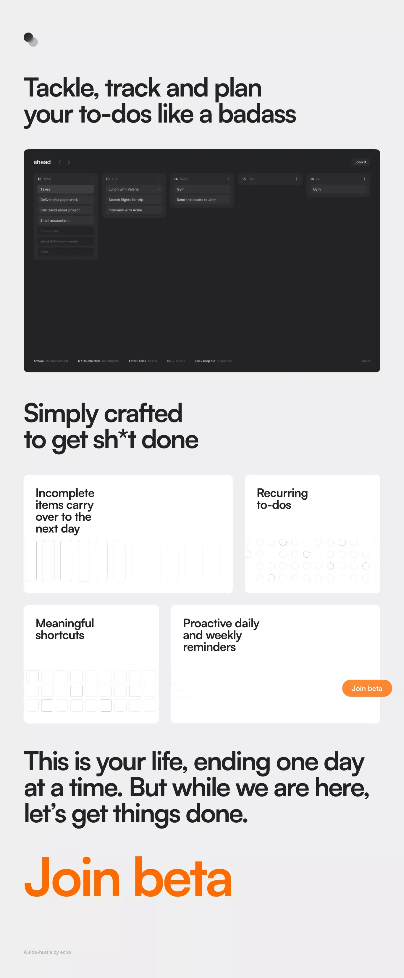 Ahead - simply crafted to get shit done landing page screenshot showcasing Tech design