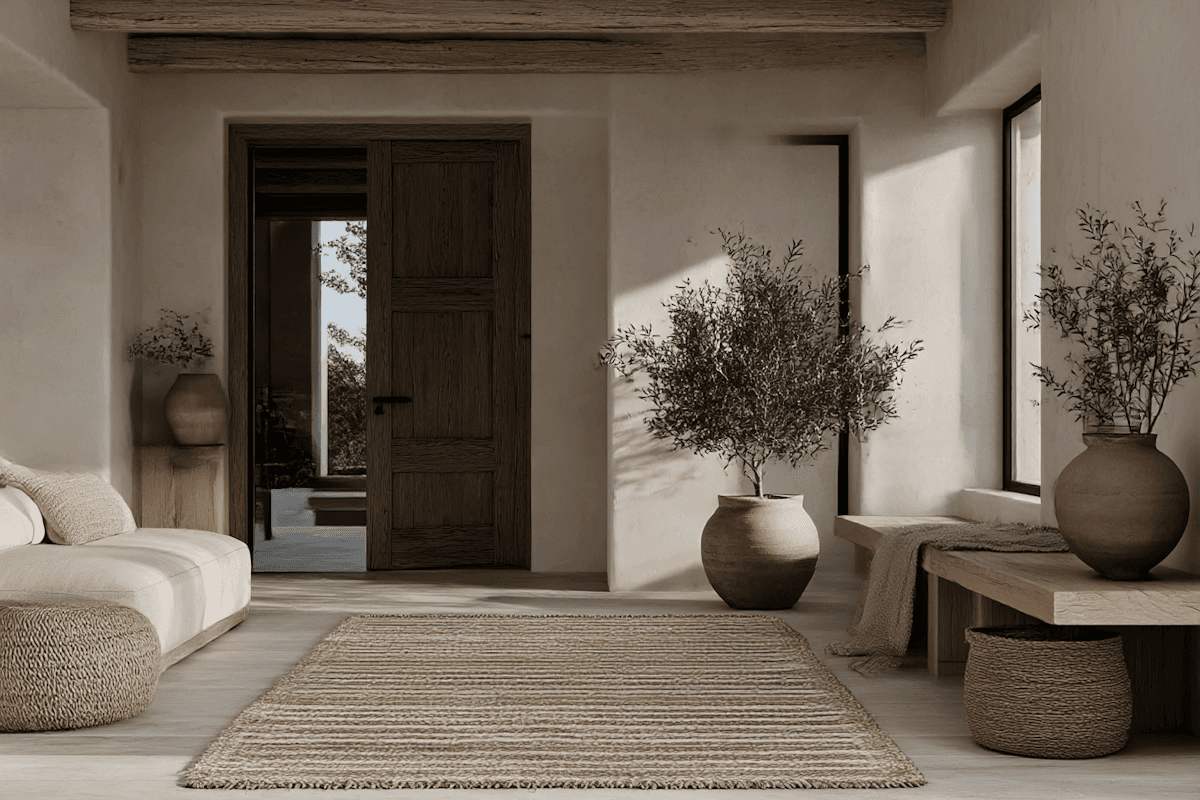Warm Mediterranean interior with natural textures and soft daylight