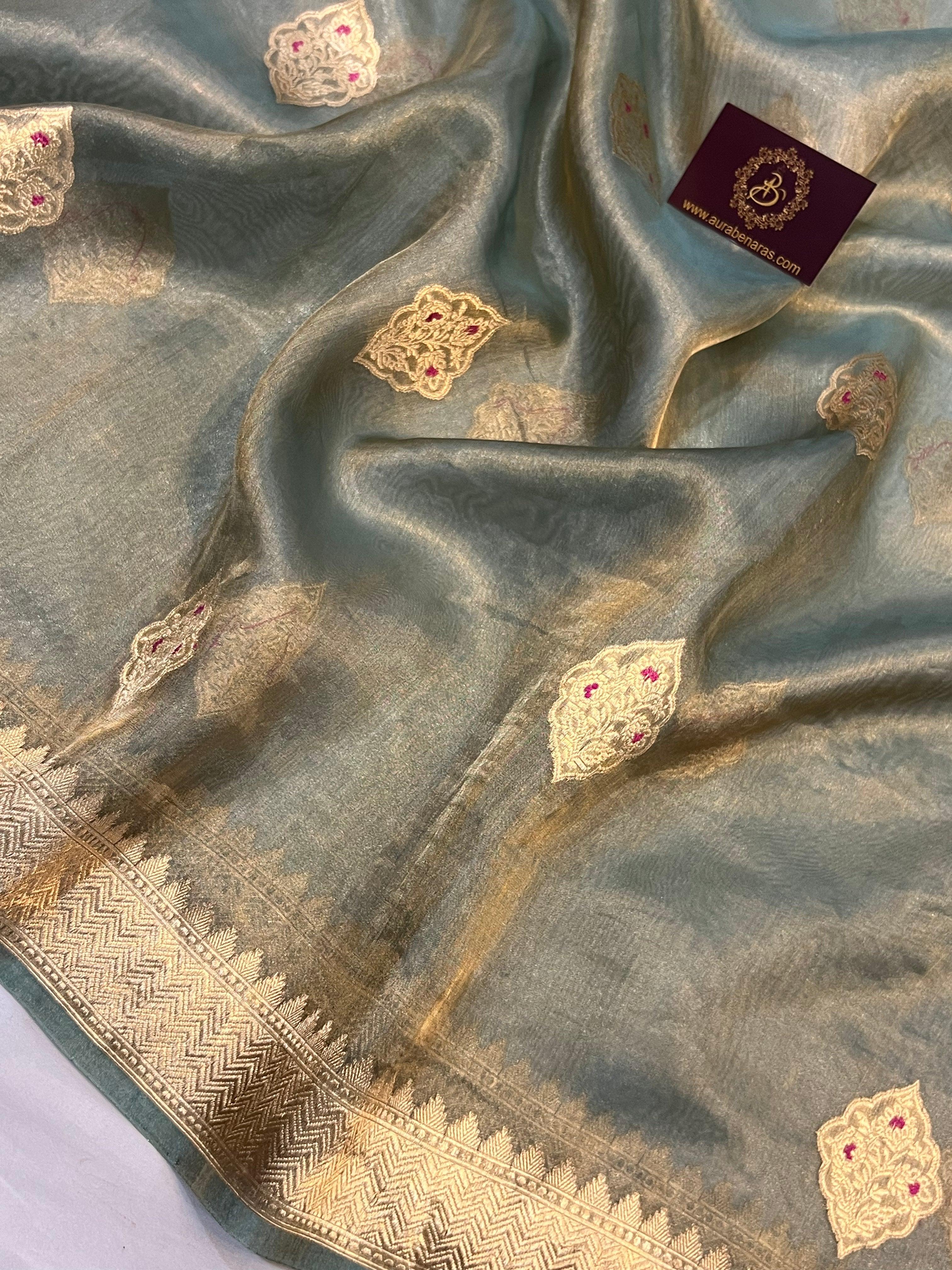 Sage green pure Banarasi handloom tissue silk saree with meenakari by Aura Benaras, ₹18,000