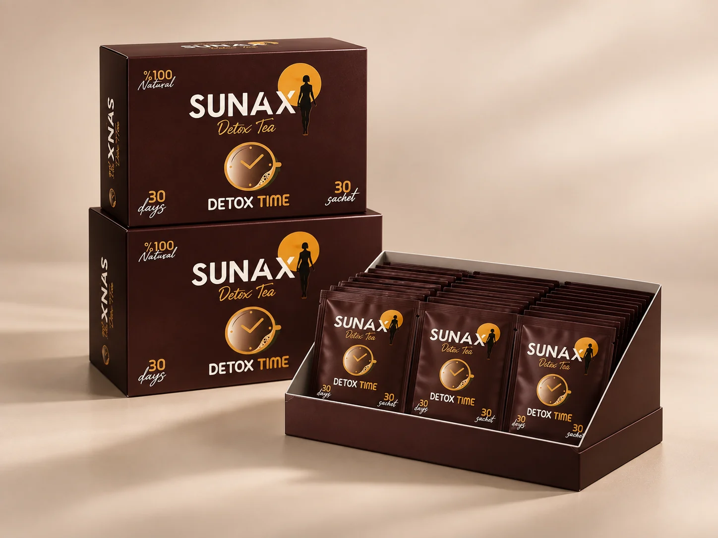 Sunax Detox çay kutuları ve ürün ambalajı