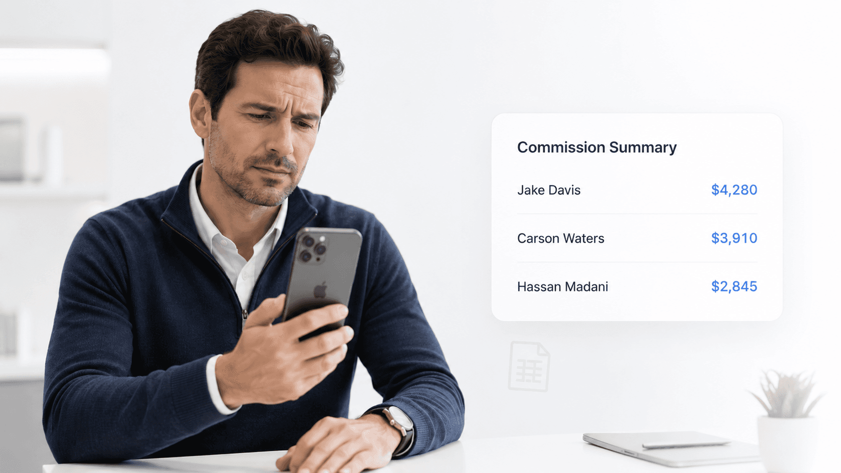 Sales rep reviewing commission earnings on a laptop dashboard