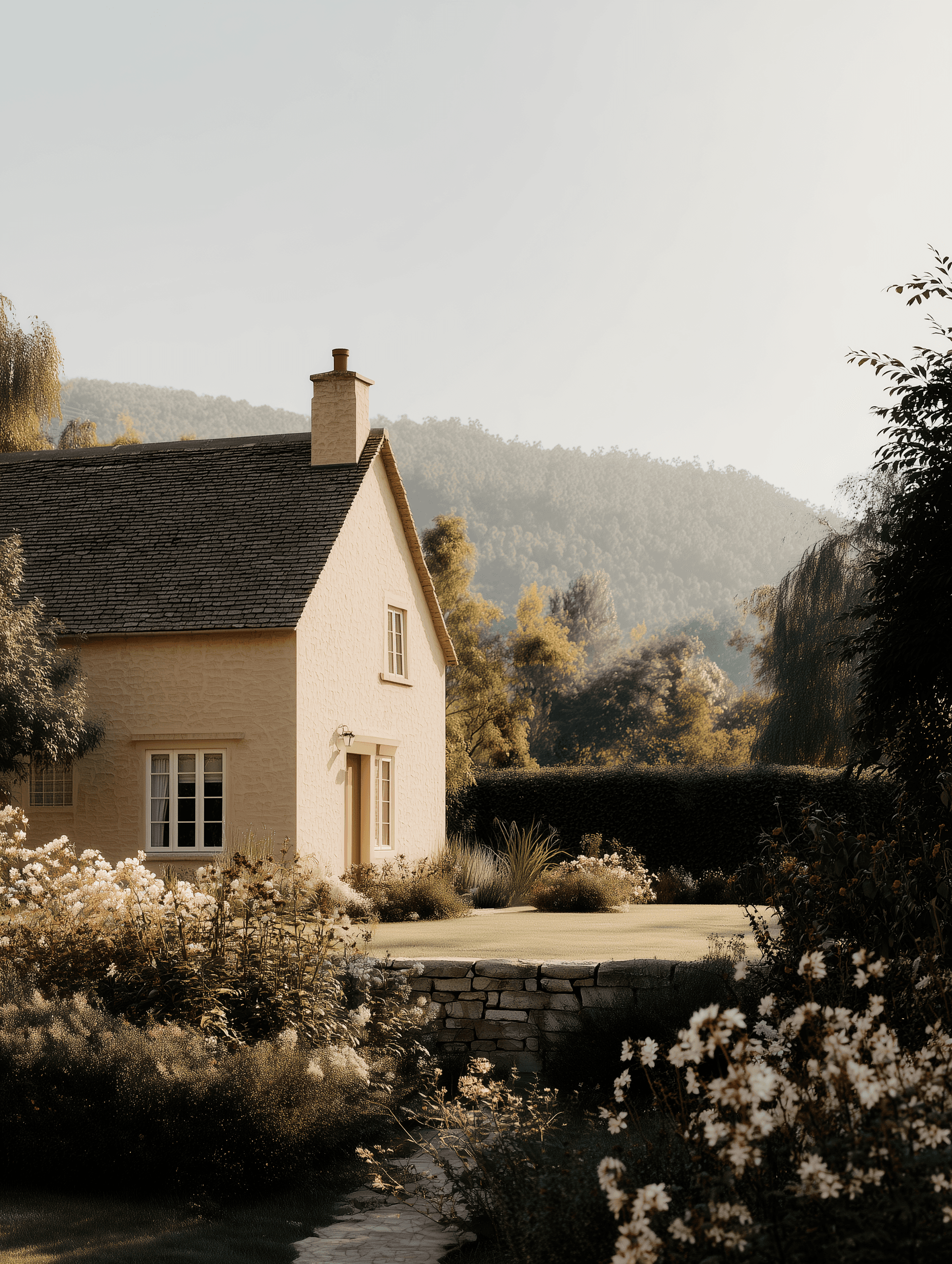 Traditional Cotswolds cottage surrounded by rose gardens and countryside views