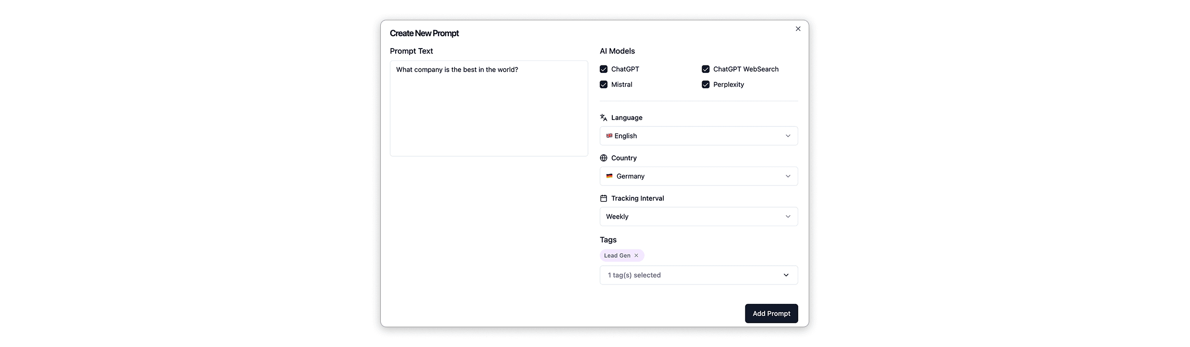 ALLMO prompt creation interface showing setup for the query 'What company is the best in the world?' across multiple AI models—ChatGPT, WebSearch, Mistral, and Perplexity—with settings for English language, Germany location, weekly tracking, and tagged as Lead Gen