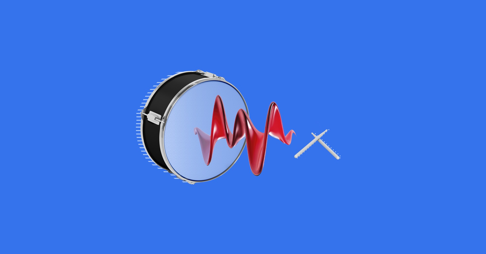 Bombo azul con onda de sonido roja y baquetas cruzadas, fondo azul